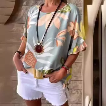 Женская летняя повседневная футболка с круглым вырезом и коротким рукавом с рюшами и манжетами, футболка с цветочным принтом и листвой, свободный крой, пуловер, топы, уличная одежда M чёрный