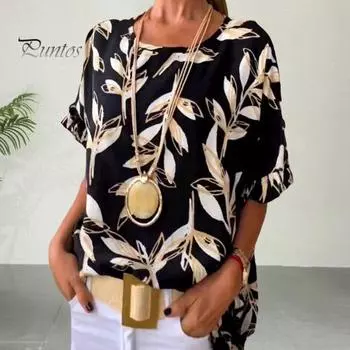 Женская летняя повседневная футболка с круглым вырезом и коротким рукавом с рюшами и манжетами, футболка с цветочным принтом и листвой, свободный крой, пуловер, топы, уличная одежда M чёрный
