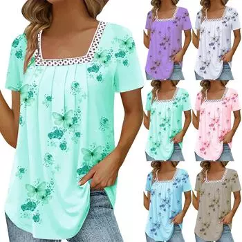 Женская летняя повседневная футболка с квадратным вырезом и кружевным топом с принтом бабочки и коротким рукавом XL синий