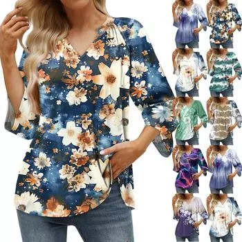 Женская летняя повседневная футболка с рукавом 3/4 и пуловером с V-образным вырезом и принтом L темно-зеленого