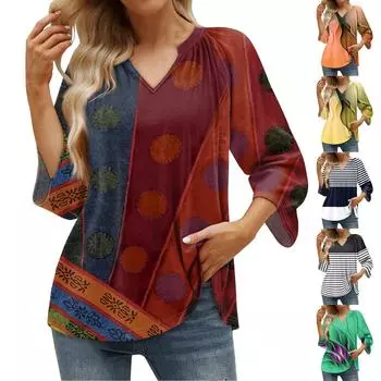 Женская летняя повседневная футболка с рукавом 3/4 и пуловером с V-образным вырезом и принтом L чёрный