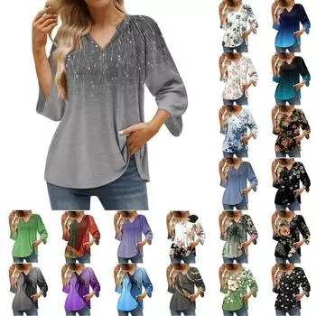 Женская летняя повседневная футболка с рукавом 3/4 и пуловером с V-образным вырезом и принтом L синий