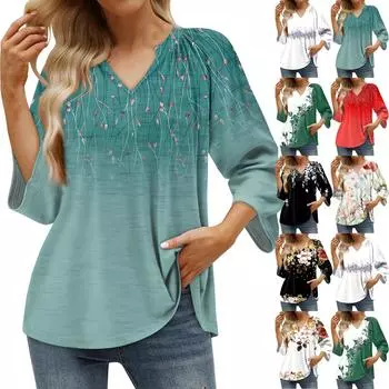 Женская летняя повседневная футболка с рукавом 3/4 и пуловером с V-образным вырезом и принтом L чёрный