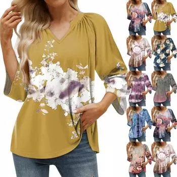 Женская летняя повседневная футболка с рукавом 3/4 и пуловером с V-образным вырезом и принтом L армия зеленый