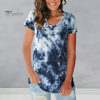 Женская летняя повседневная футболка с v-образным вырезом и коротким рукавом, футболка с принтом тай-дай, свободный крой, пуловер, топы, уличная одежда S синий