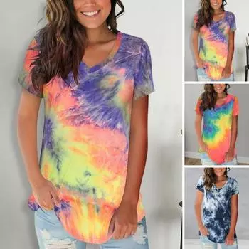 Женская летняя повседневная футболка с v-образным вырезом и коротким рукавом, футболка с принтом тай-дай, свободный крой, пуловер, топы, уличная одежда S синий