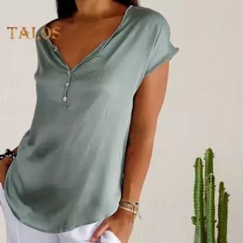 Женская летняя повседневная футболка с v-образным вырезом и пуговицами, футболка с короткими рукавами и однотонным пуловером свободного покроя, топы, уличная одежда 4XL серый
