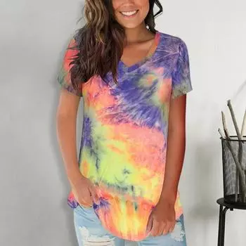 Женская летняя повседневная футболка с v-образным вырезом и коротким рукавом, футболка с принтом Tie Dye, свободный крой, пуловер, топы, уличная одежда S синий