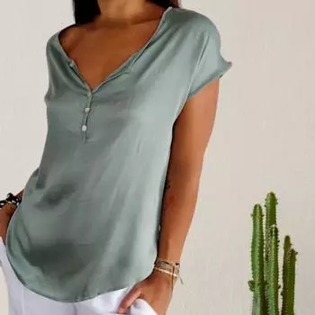 Женская летняя повседневная футболка с v-образным вырезом и пуговицами, футболка с коротким рукавом и сплошным цветом 4XL серый