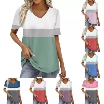 Женская летняя повседневная футболка с V-образным вырезом и короткими рукавами, пуловер, футболка, топ