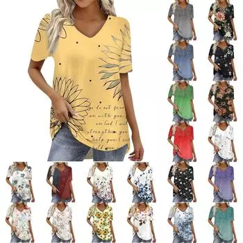 Женская летняя повседневная футболка с V-образным вырезом и короткими рукавами, пуловер, футболка, топ XXXL синий
