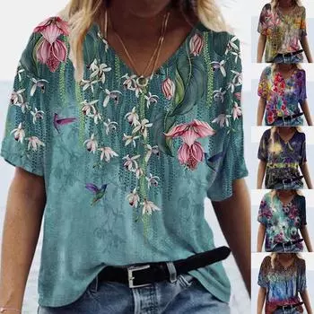 Женская летняя повседневная футболка с v-образным вырезом и коротким рукавом, винтажный топ с принтом S красный