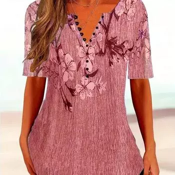 Женская летняя повседневная футболка с v-образным вырезом и коротким рукавом с цветочным принтом S синий