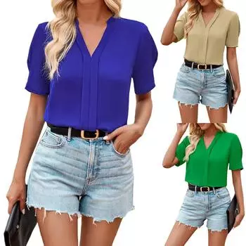 Женская летняя повседневная футболка с v-образным вырезом, модные однотонные свежие свободные топы с короткими рукавами L зелёный