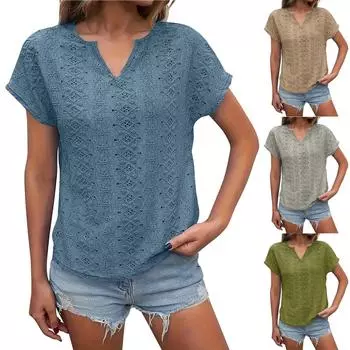 Женская летняя повседневная футболка с вышивкой и надрезом, футболка с v-образным вырезом L синий