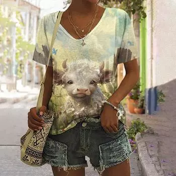 Женская летняя повседневная футболка свободного покроя с круглым вырезом и 3D-принтом, с милым рисунком ягненка, дышащая, с круглым вырезом и коротким рукавом, свободного покроя, летняя S