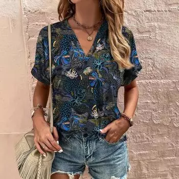 Женская летняя повседневная футболка свободного покроя с круглым вырезом и 3D-принтом, милым узором из ягненка, дышащая, с V-образным вырезом и коротким рукавом S