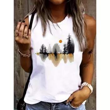 Женская летняя повседневная футболка свободного размера с принтом пейзажа и живописи тушью, без рукавов, с круглым вырезом S