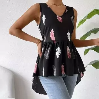 Женская летняя повседневная майка без рукавов с длинным принтом и нерегулярной майкой S чёрный