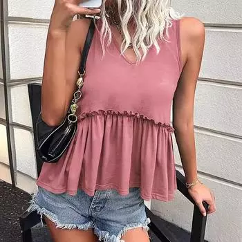 Женская летняя повседневная майка без рукавов с волнистыми краями на бретельках S жёлтый