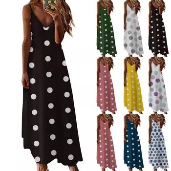 Женская летняя повседневная мода с v-образным вырезом и принтом в горошек, длинный пуловер, платье без рукавов, повседневные платья L синий