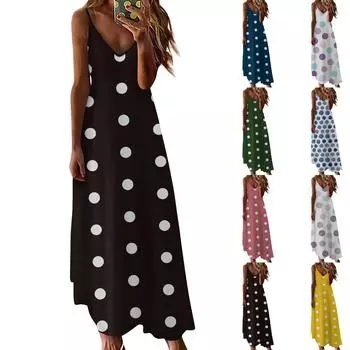 Женская летняя повседневная мода с v-образным вырезом и принтом в горошек, длинный пуловер, платье без рукавов, повседневные платья L синий