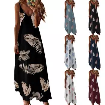 Женская летняя повседневная мода с v-образным вырезом и принтом перьев, длинный пуловер, платье без рукавов, повседневные платья L хаки