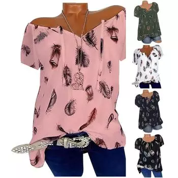 Женская летняя повседневная модная блузка с коротким рукавом и v-образным вырезом с принтом, футболка
