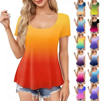 Женская летняя повседневная модная футболка с градиентным принтом и низким круглым вырезом, рубашка с короткими рукавами, милый топ M зелёный