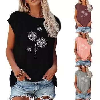 Женская летняя повседневная модная свободная футболка с цветочным принтом и круглым вырезом с короткими рукавами XXL чёрный