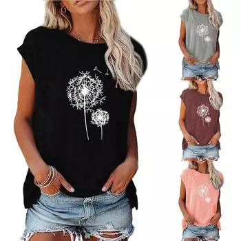 Женская летняя повседневная модная свободная футболка с цветочным принтом и круглым вырезом с короткими рукавами L чёрный