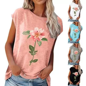 Женская летняя повседневная модная свободная футболка с цветочным принтом и круглым вырезом с короткими рукавами L чёрный