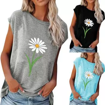 Женская летняя повседневная модная свободная футболка с цветочным принтом и круглым вырезом с короткими рукавами L синий