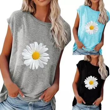 Женская летняя повседневная модная свободная футболка с цветочным принтом и круглым вырезом с короткими рукавами M чёрный