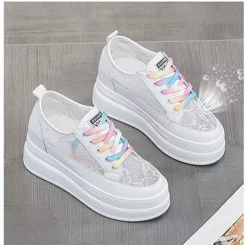 Женская летняя повседневная обувь в сетку 8 см, кружевные кроссовки на платформе, обувь на танкетке, массивная обувь, модные осенне-весенние женские кроссовки, новинка 2023 года 34 бежевый