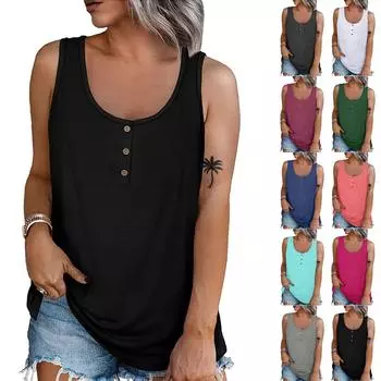 Женская летняя повседневная однотонная футболка без рукавов с круглым вырезом 2022, топы, блузка L чёрный