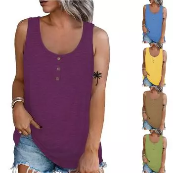 Женская летняя повседневная однотонная футболка без рукавов с круглым вырезом, топы, блузка