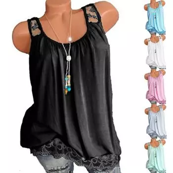 Женская летняя повседневная однотонная футболка без рукавов с круглым вырезом и кружевным подолом, блузка, лето 2022 XXL чёрный