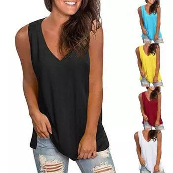 Женская летняя повседневная однотонная свободная футболка без рукавов с v-образным вырезом, топы на бретелях L чёрный