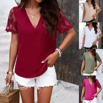 Женская летняя повседневная однотонная туника с v-образным вырезом и короткими рукавами, блузка XL горячий розовый