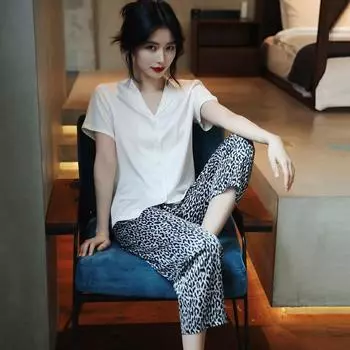 Женская летняя повседневная пижама с леопардовым принтом, костюм с короткими рукавами, пижама из ледяного шелка XL леопардовый
