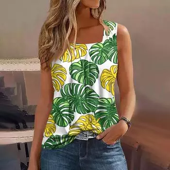 Женская летняя повседневная плиссированная футболка без рукавов с квадратным вырезом и принтом L