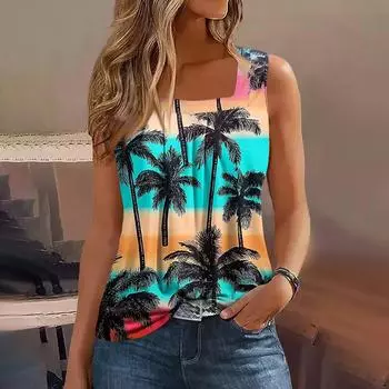 Женская летняя повседневная плиссированная футболка без рукавов с квадратным вырезом и принтом M циан