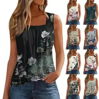 Женская летняя повседневная плиссированная футболка без рукавов с квадратным вырезом и принтом L армия зеленый