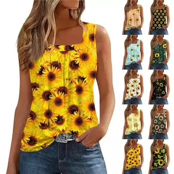 Женская летняя повседневная плиссированная футболка без рукавов с квадратным вырезом и принтом XXL чёрный