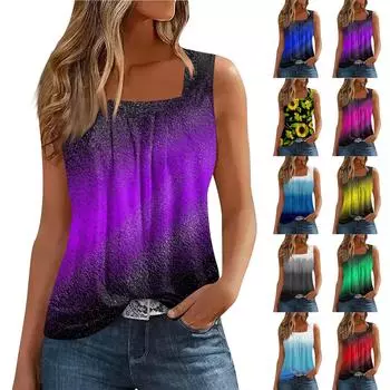 Женская летняя повседневная плиссированная футболка без рукавов с квадратным вырезом и принтом M синий