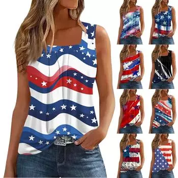 Женская летняя повседневная плиссированная футболка без рукавов с квадратным вырезом и принтом L