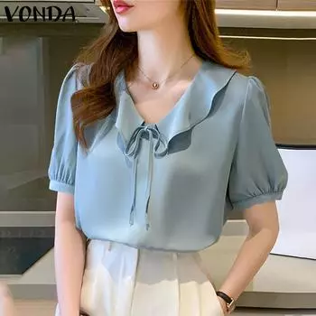 Женская летняя повседневная плиссированная однотонная свободная блузка с v-образным вырезом и короткими рукавами 3XL синий