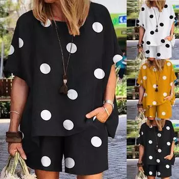 Женская летняя повседневная пляжная футболка из двух предметов с короткими рукавами и круглым вырезом, топ и шорты, комплект спортивной одежды S чёрный