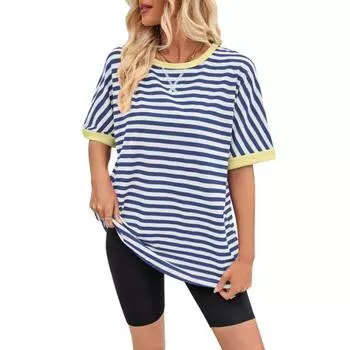 Женская летняя повседневная полосатая футболка с цветными блоками и круглым вырезом, с рукавами «летучая мышь» S
